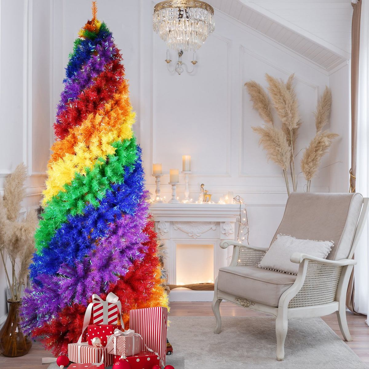 Rainbow Spiral Artificial Christmas Tree with Bold Color Bands