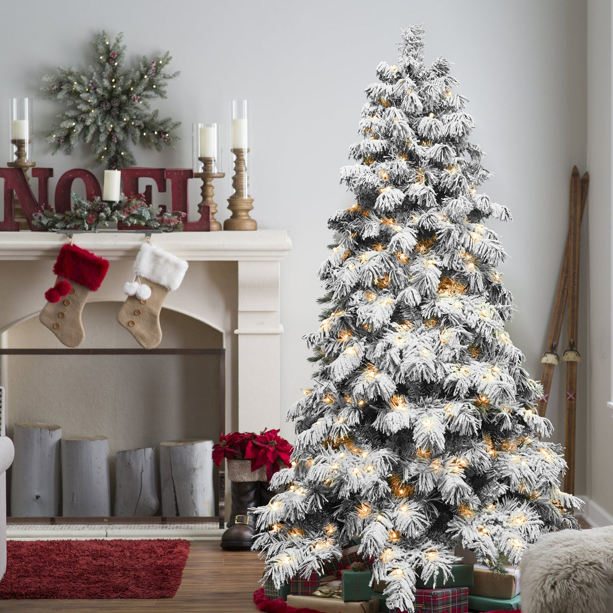 Flocked Cedar Artificial Christmas Tree with Warm White Lights