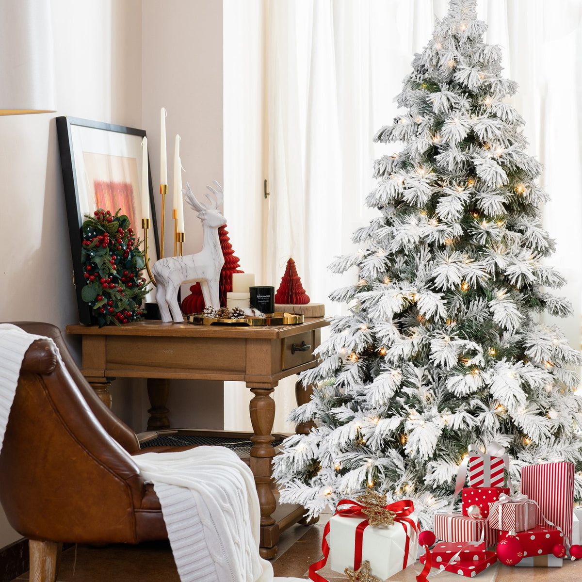 Flocked Cedar Artificial Christmas Tree with Warm White Lights